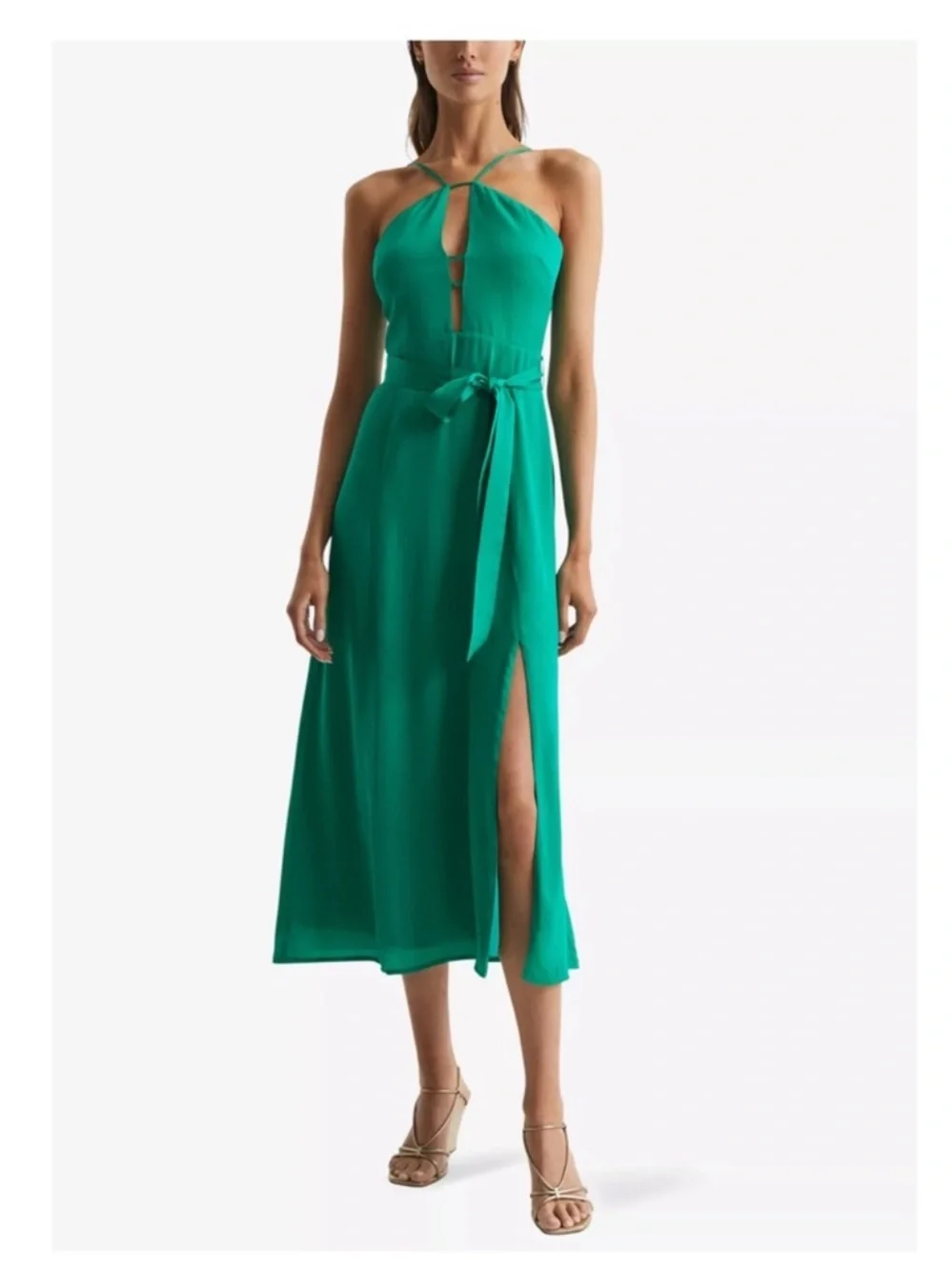 New! Reiss Arianna Plunge Halter Neck Cut-out Midi Dress in Emerald Green - Picture 2 of 11